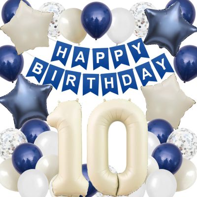 10th Birthday Decorations Blue White,Happy 10th Birthday Decorations with Navy Blue Silver Cream White Balloons Beige 10 Number Balloon Birthday Banner For Boys Girls Birthday Party Decor