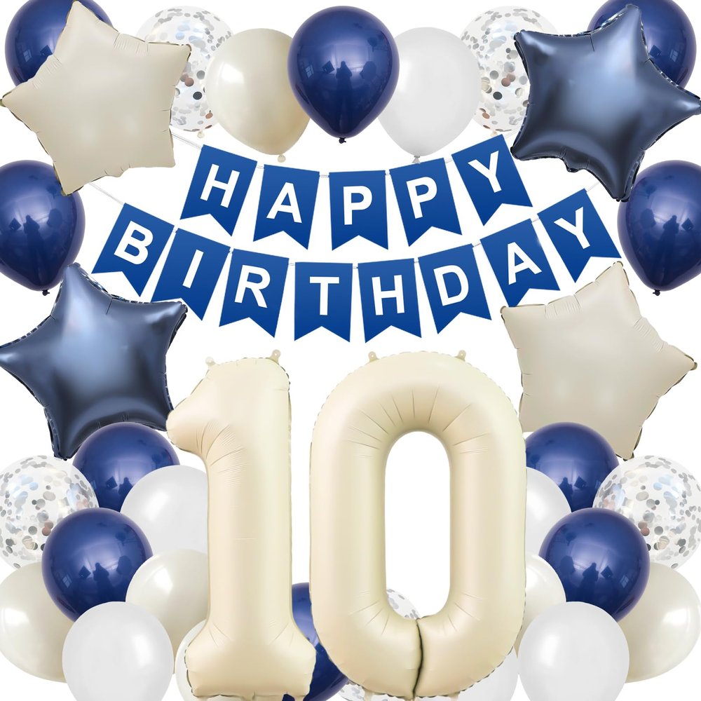 10th Birthday Decorations Blue White,Happy 10th Birthday Decorations with Navy Blue Silver Cream White Balloons Beige 10 Number Balloon Birthday Banner For Boys Girls Birthday Party Decor