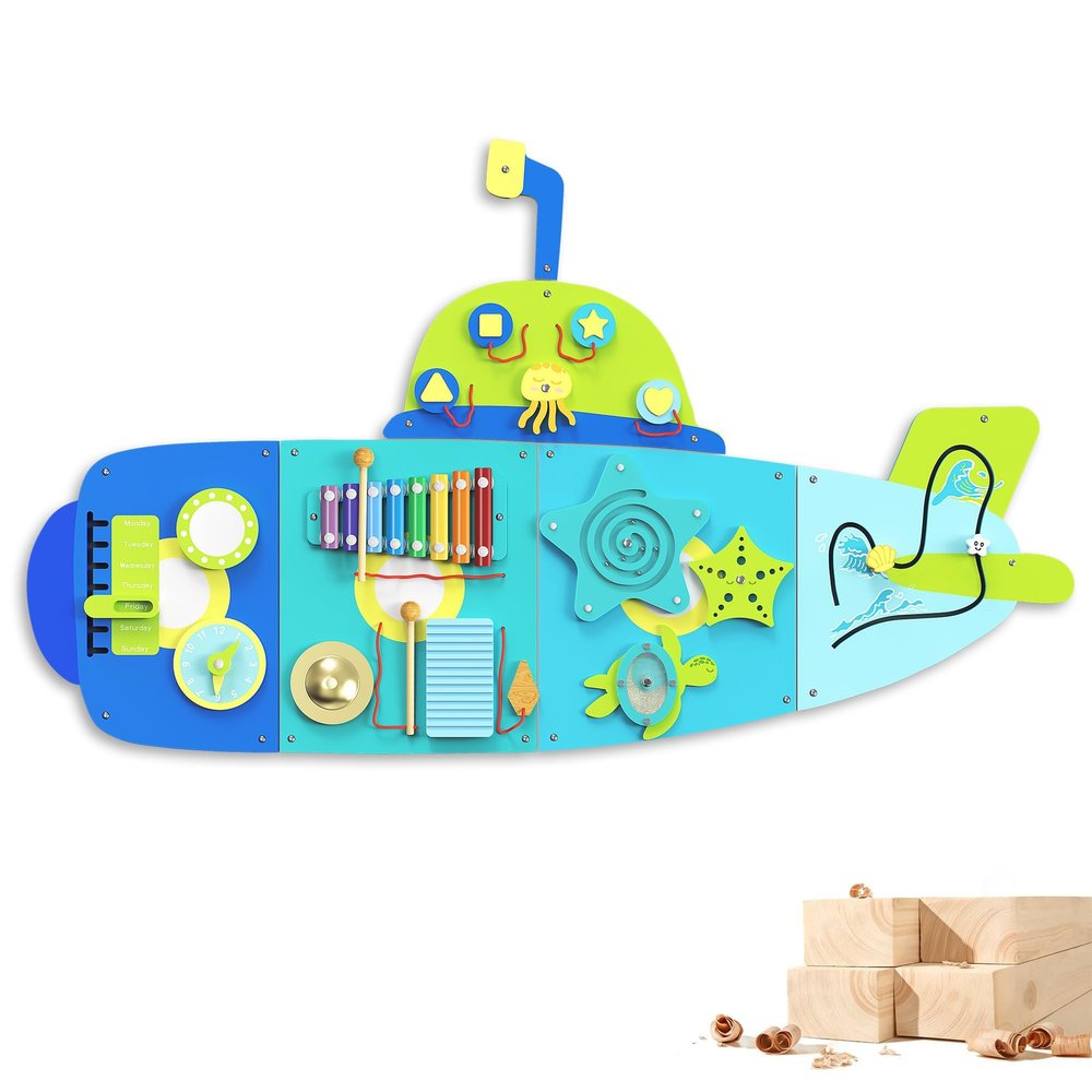 BlueWood Wooden Wall Busy Board Panels, Toddler Learning Activity Center, Montessori Philosophy Sensory, Educational Toys, Conducive to All-Round Development - Submarine