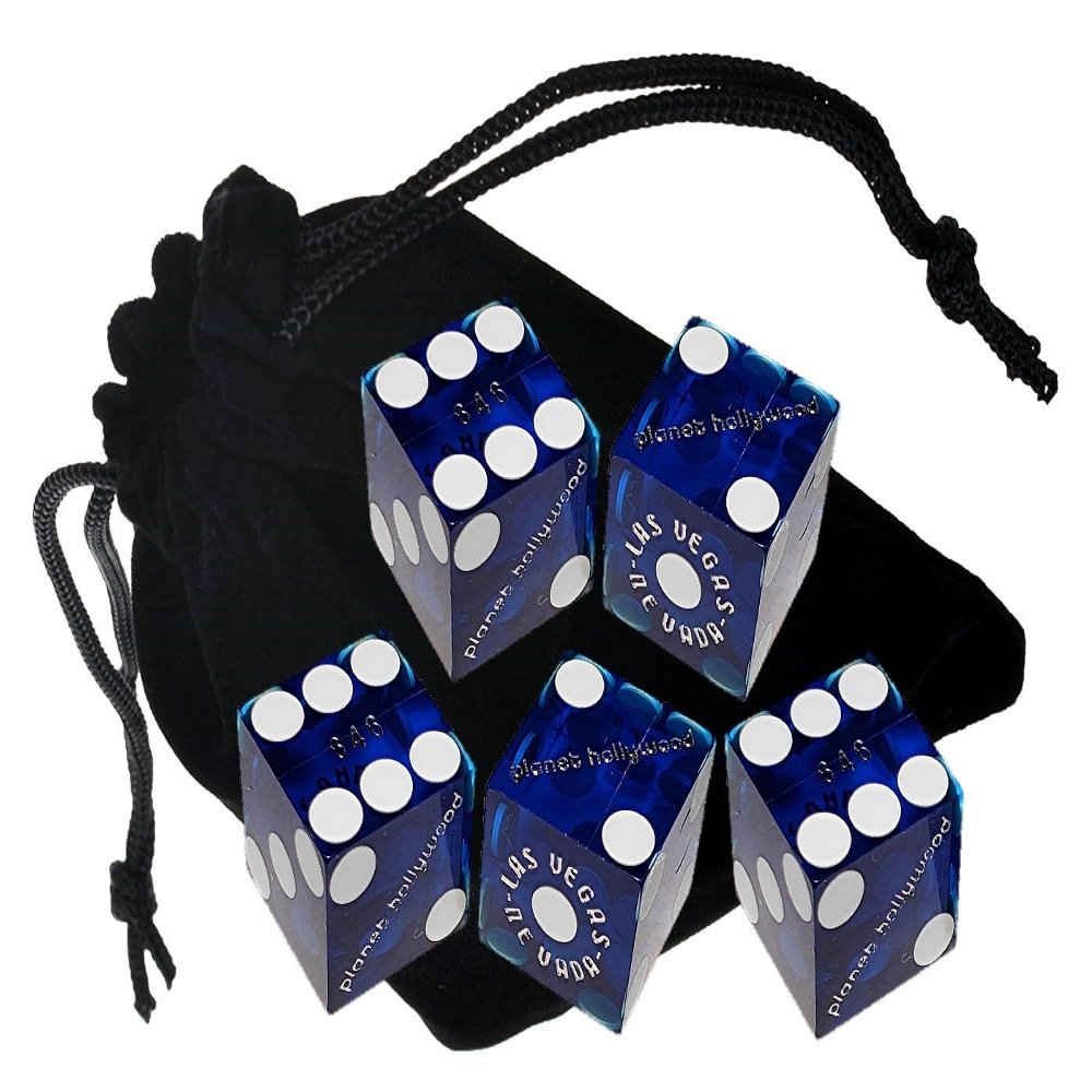 Set of 5 Authentic Las Vegas Casino Table-Played 19mm Craps Dice with Matching Serial Numbers - Planet Hollywood (Blue Polished)