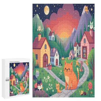 1000 Picec Adult and Youth Surrealist Art Puzzles Colorful Animal Large Orange Cat On A Bench Village Night Fun and Challenging Themed Puzzles Great Gift for Family and Friends Dimensions