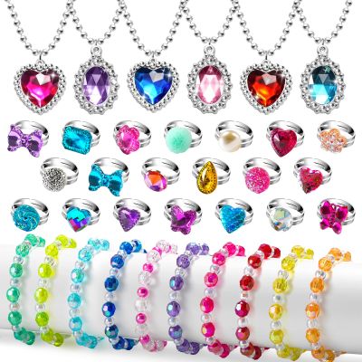 36pcs Princess Play Jewelry Set for Little Girls Ages 4-6, Kids Costume Dress Up Jewelry Necklace Bracelet Rings for Toddlers, Childrens Princess Valentines Party Favors Gift 3 4 5 6 7 8 Year Old Girl