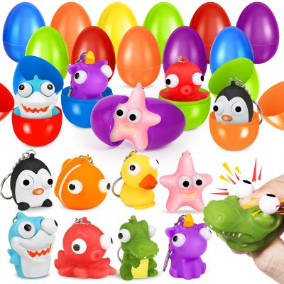 24 Pack Prefilled Easter Eggs with Animal Popping Eyes Toys, Squeeze Toys with Popping Eyes for Easter Hunt, Basket Stuffers Filler, Easter Party Favors, Classroom Prize, Surprise Egg