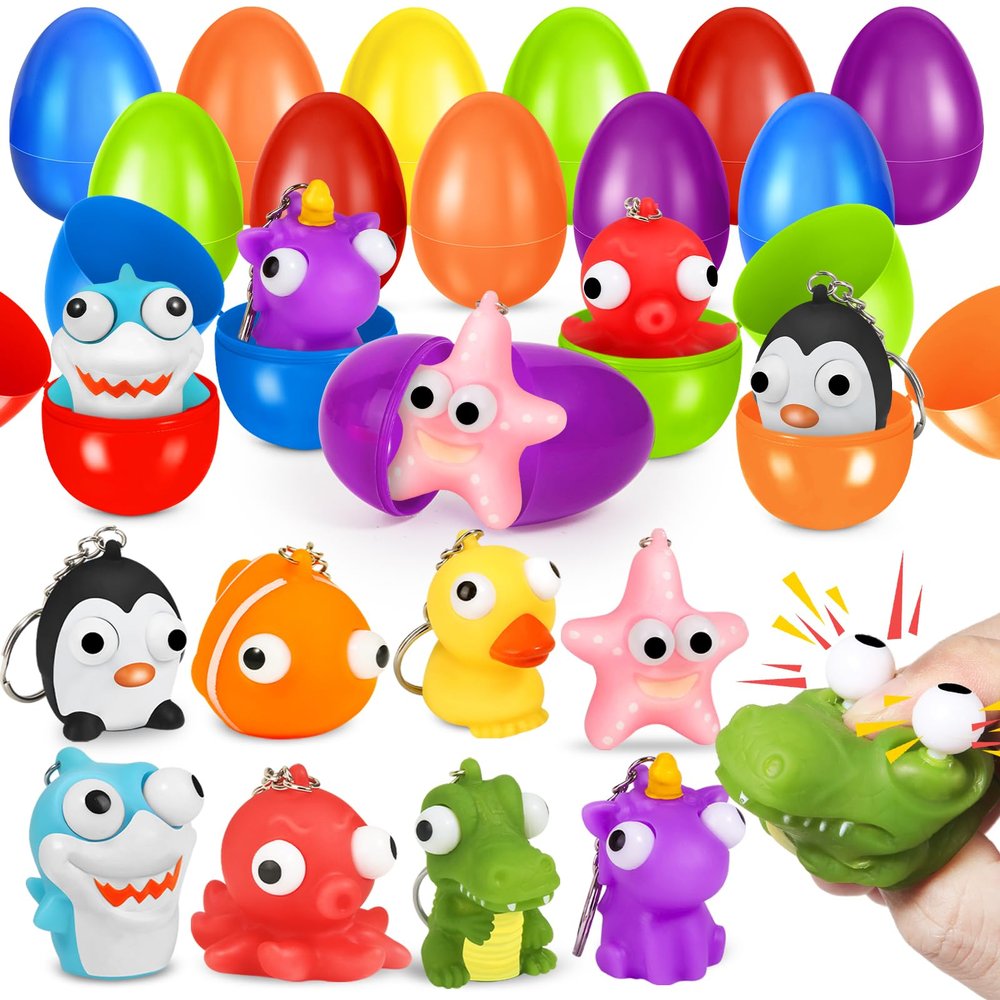 24 Pack Prefilled Easter Eggs with Animal Popping Eyes Toys, Squeeze Toys with Popping Eyes for Easter Hunt, Basket Stuffers Filler, Easter Party Favors, Classroom Prize, Surprise Egg