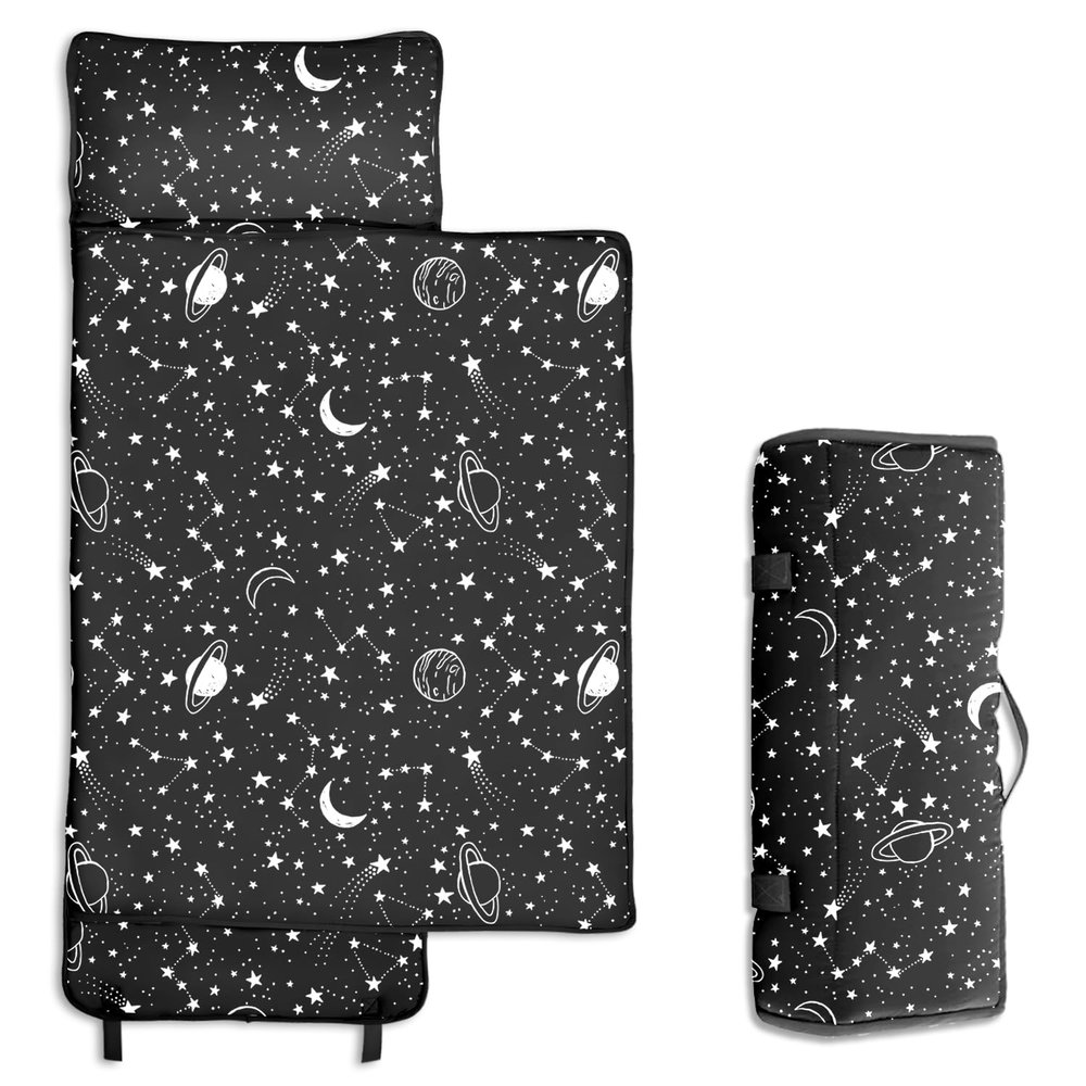 Toddler Nap Mat/Removable Pillow -Black Space- Carry Handle with Straps Closure,Extra Large 50 in*20 in Boys Sleeping Mat Nap Mat for Preschool Kindergarten, Sleeping Bag