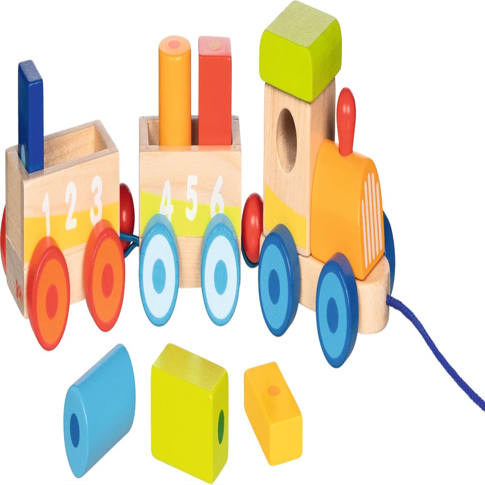 goki 55846 Madrid Train Wooden Magnetic Building Blocks and Couplable Pendant, Includes Pull Cord for Mobile Play, Awakens Imagination and Promotes Motor Skills, 30 cm x 7 cm x 8 cm, Set of 9, from 2