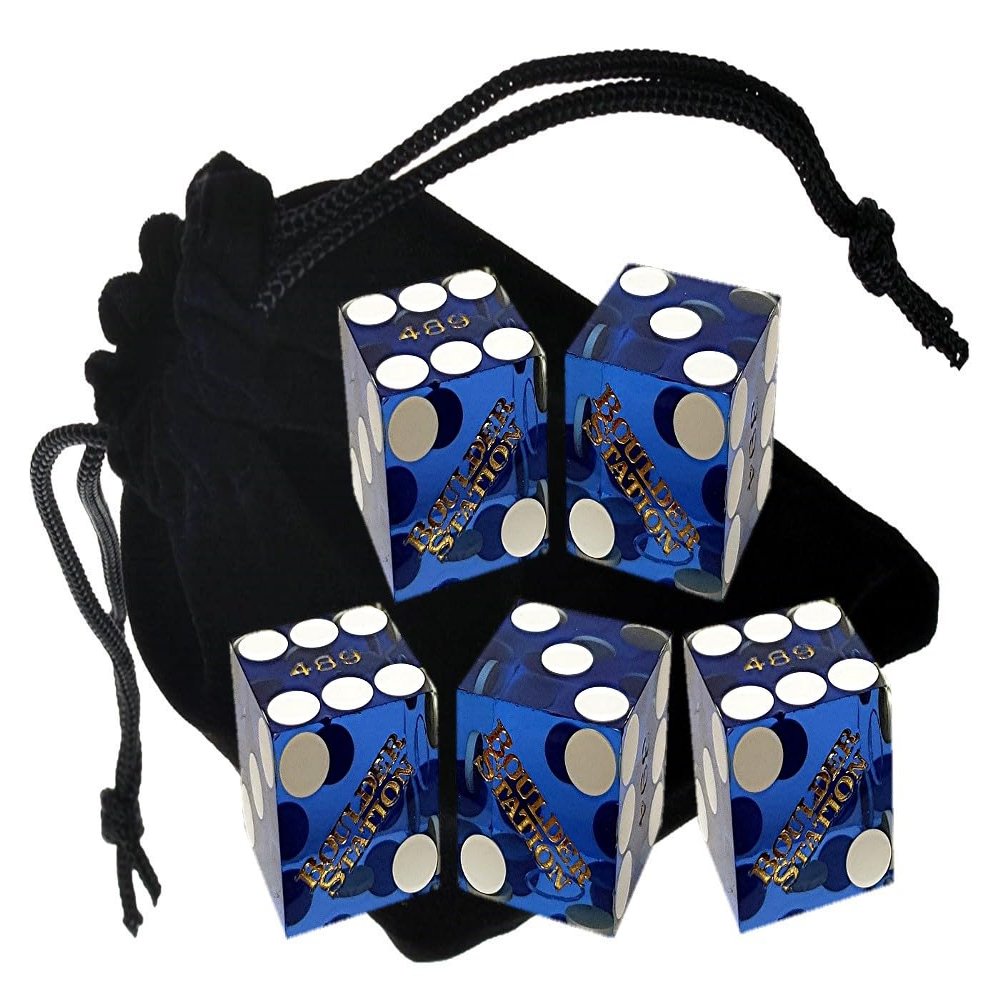 Set of 5 Authentic Las Vegas Casino Table-Played 19mm Craps Dice with Matching Serial Numbers - Boulder Station (Blue Polished)