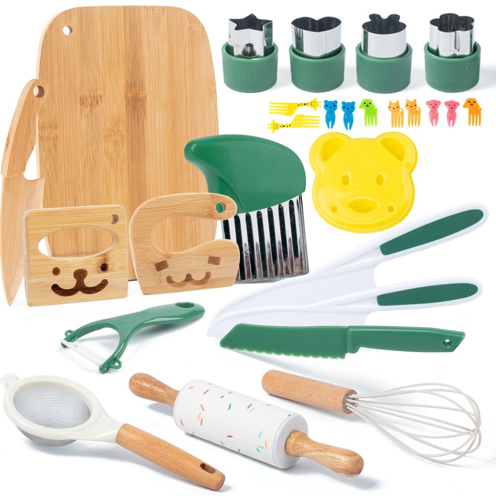 18 PCS Kids Cooking Sets Real, Montessori Kitchen Tools for Toddlers, Cooking & Baking Set for Kids Little Chefs, Toddler Knife Set, Crinkle Cutter, Cutting Board