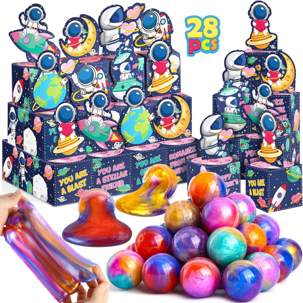 28 Pack Valentines Day Gifts for Kids, Galaxy Slime with Valentines Cards Space Gift Boxes Stress Relief Fidget Toys for Boy Girl, Valentine Classroom Exchange Prizes, School Party Favor Gifts