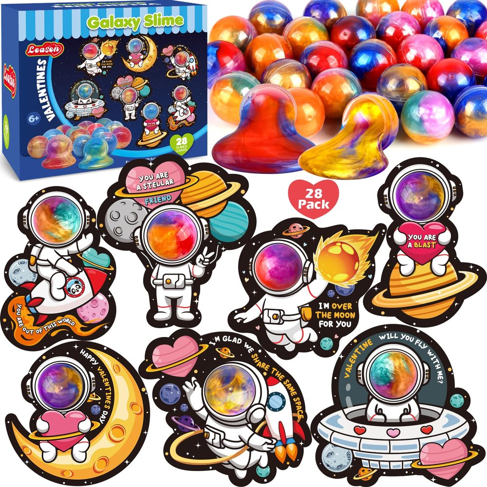 28 Pack Valentines Day Gifts for Kids, Galaxy Slime with Valentines Space Cards Gift, Stress Relief Fidget Set for Boy Girl, Valentine Classroom Exchange Prizes, School Party Favor Gifts