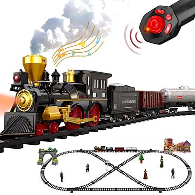 POCO DIVO Remote Control Retro Train Set, Christmas Tree Deco Electric Toy Luxury Tracks Rail, RC Steam Locomotive, Rechargeable Tender Cargo, Smoke Sound Light, Boy Girl Gift Classic Collection Model