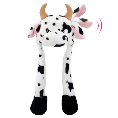Bubblepompom Cow Hat with Ears Moving Jumping Pop Up Beating Hat Plush Farm Animal Holiday Cosplay Dress Up Funny Party Gift for Kids Girls, 22''