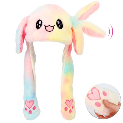 Bubblepompom Rainbow Bunny Hat with Ears Moving Jumping Pop Up Beating Hat Plush Holiday Cosplay Dress Up Funny Party Gift for Kids Boys Girls, Colorful, 22''