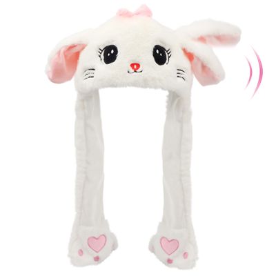 Bubblepompom Kitty Hat with Ears Moving Jumping Pop Up Beating Cat Hat Plush Holiday Kitten Cosplay Dress Up Funny Party Gift for Kids Boys Girls, White, 22''