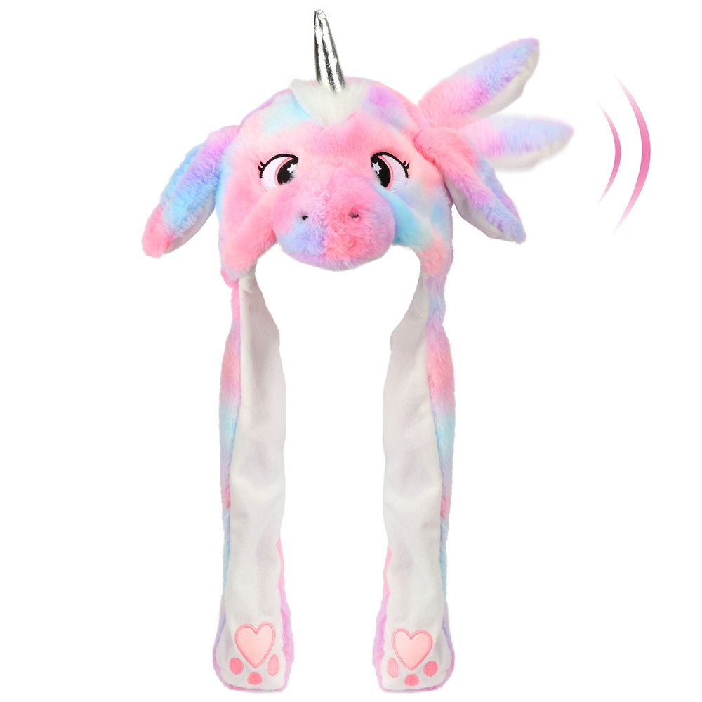 Bubblepompom Unicorn Hat with Ears Moving Jumping Pop Up Beating Hat Plush Holiday Cosplay Dress Up Funny Party Gift for Kids Girls, Rainbow, 22''
