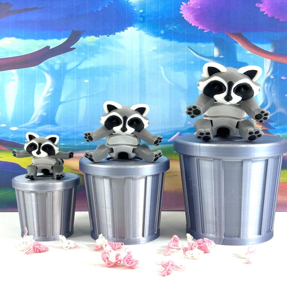3pcs Articulated Racoon with Trash Can, 3D Printed Racoon, Trashcan Raccoon, Tiny Animal Raccoon Toy, Trash Panda, Fidget ADHD Autism Toy AR001-SET
