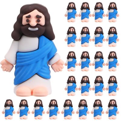 Bememo 25 Pcs Mini Jesus Figurines Bulk Original Design Rubber Mini Jesus Figures to Hide and Seek Religious Gifts Sunday School Baptism Easter Egg Filling(Blue)