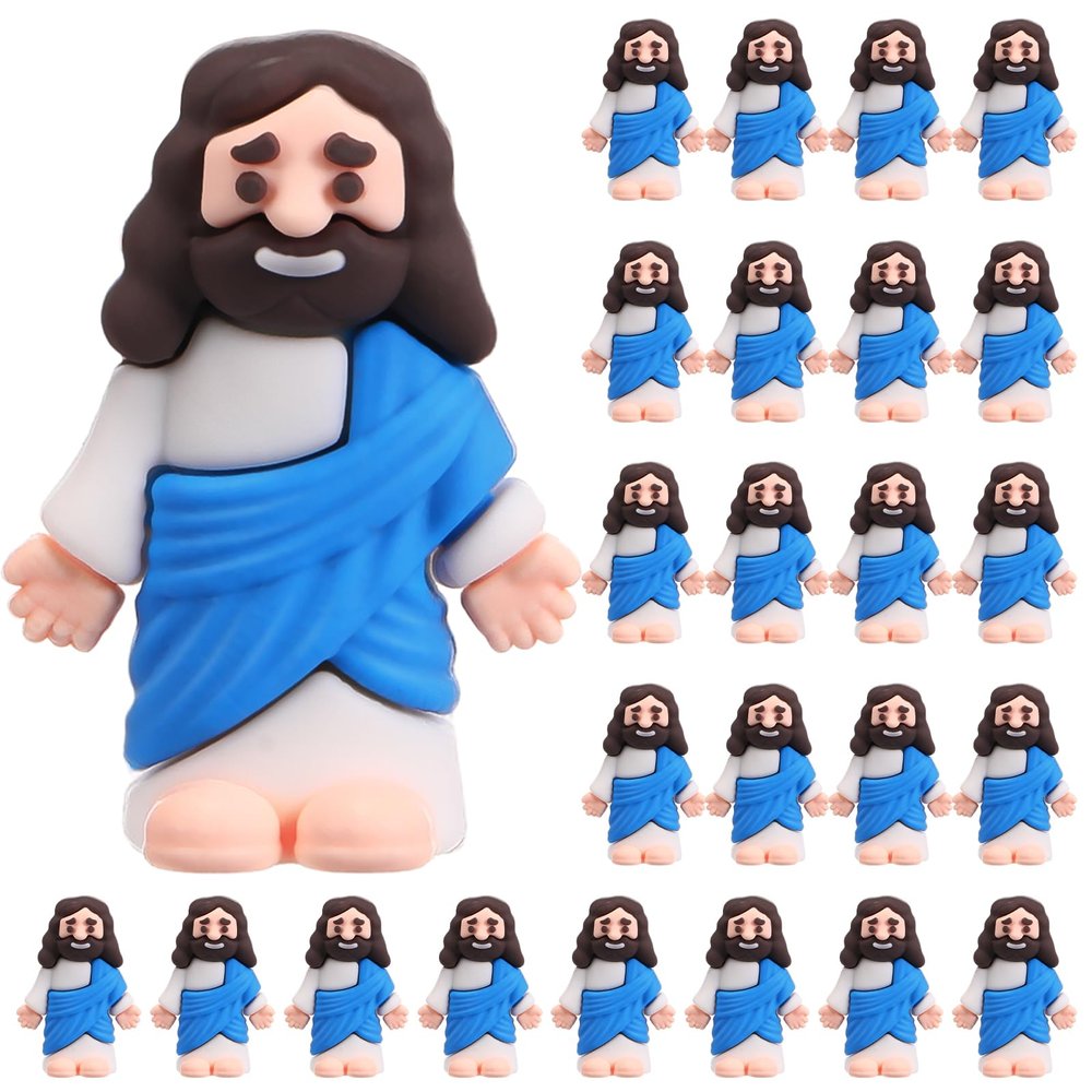 Bememo 25 Pcs Mini Jesus Figurines Bulk Original Design Rubber Mini Jesus Figures to Hide and Seek Religious Gifts Sunday School Baptism Easter Egg Filling(Blue)