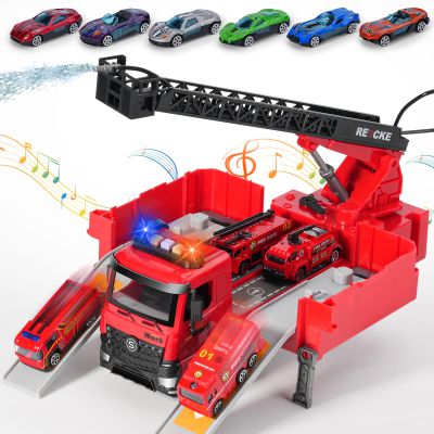 Toy Fire Truck Toddler Rescue Firetruck - Fire Engine Toy with Water Pump STEM Education Lights & Sounds Transformer Ejector Truck Car Race Track Kids Ages 3-5 6 7 8 Year Old Christmas Birthday Gift