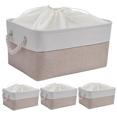 4Pcs Storage Basket Foldable Linen Fabric Basket with Handles 18x14x10" Large Dustproof Closet Shelf Organizer for Cupboards Wardrobe Shelves Bathroom Baskets for Organizing Closet Storage Linen Clos