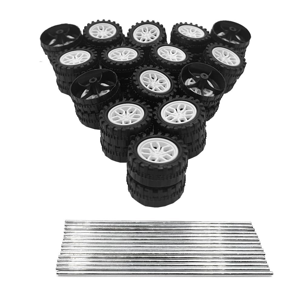 30PCS Toy Car Wheels 2mm Dia Shaft Plastic Car Wheels with 15PCS Shaft Round Rod Axles for DIY Model Toys RC Car Truck Robot Parts (White)