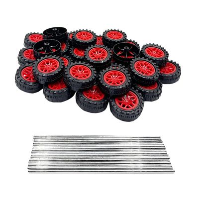 30PCS Toy Car Wheels 2mm Dia Shaft Plastic Car Wheels with 15PCS Shaft Round Rod Axles for DIY Model Toys RC Car Truck Robot Parts (Red)