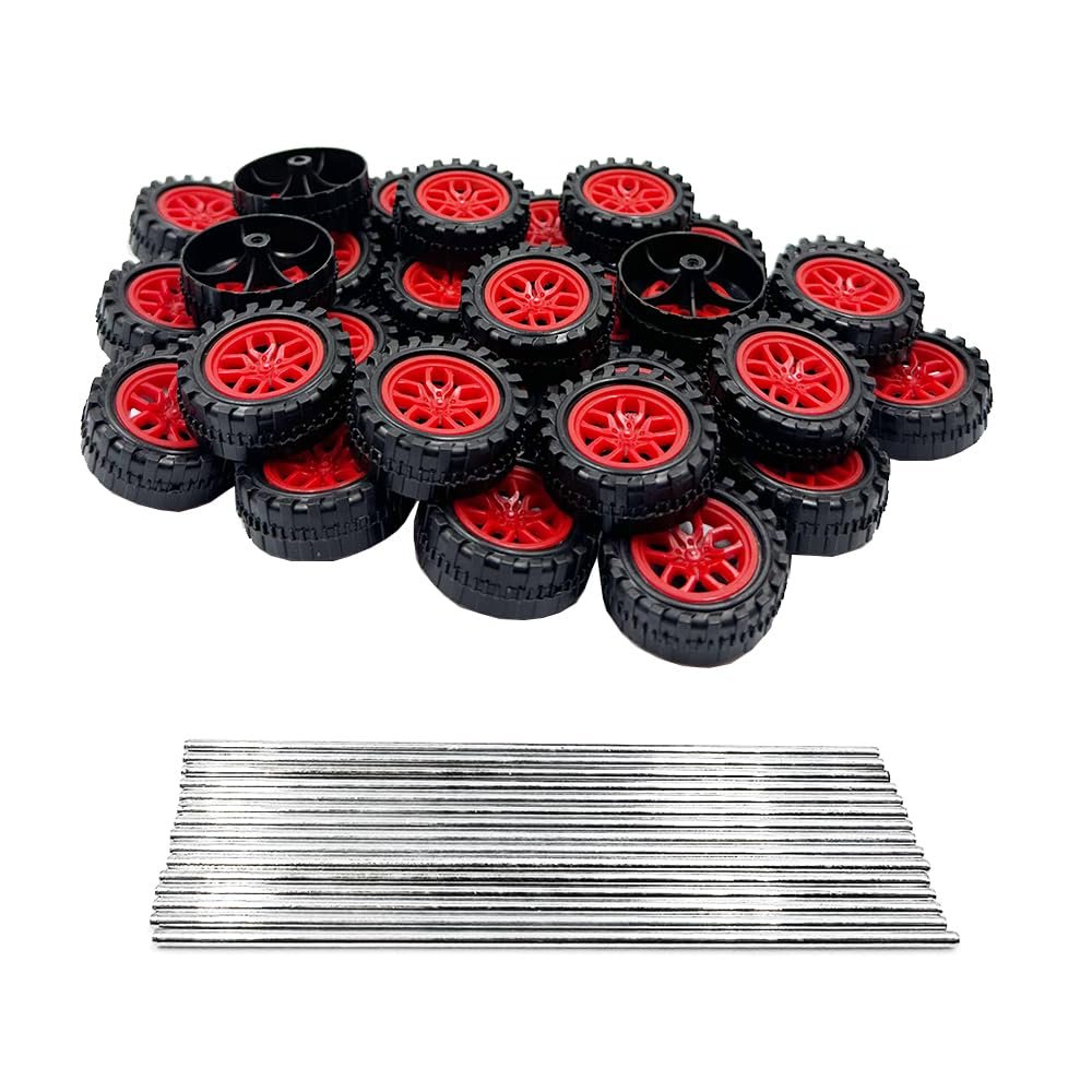 30PCS Toy Car Wheels 2mm Dia Shaft Plastic Car Wheels with 15PCS Shaft Round Rod Axles for DIY Model Toys RC Car Truck Robot Parts (Red)