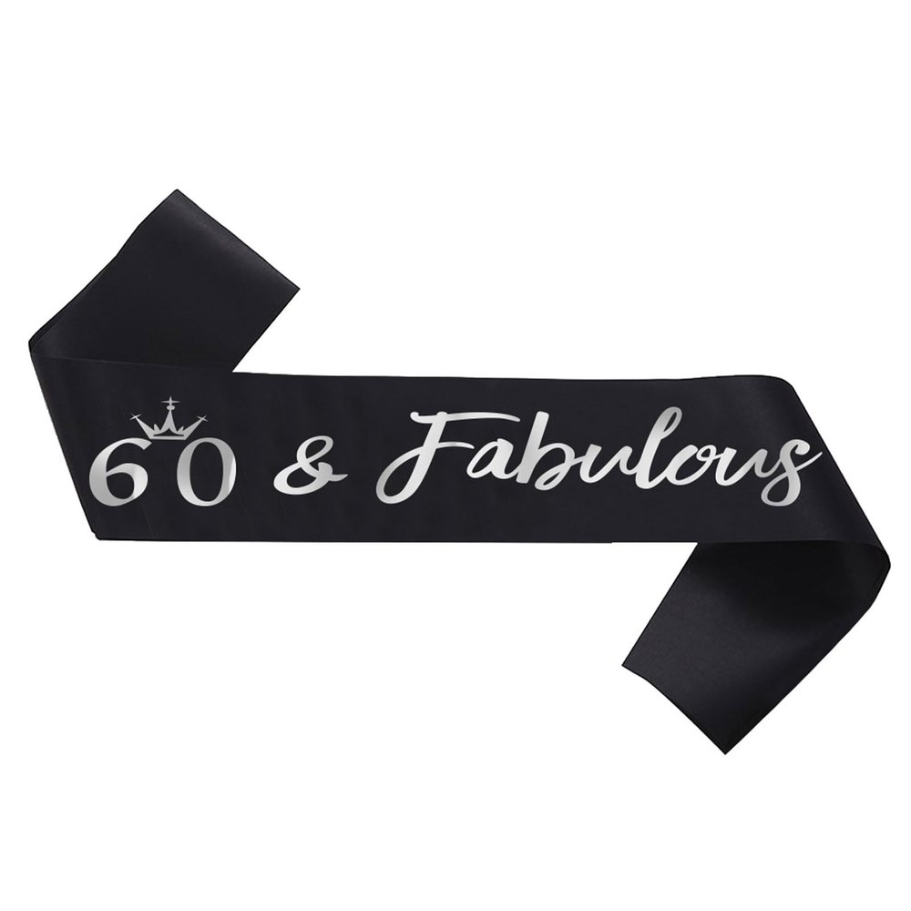 NAUXIUDSJS 60th Birthday Sash, Fabulous 60 Birthday Black Satin Sash with Silver Foil Letter, Happy 60th Birthday Accessories Decorations Party Favor,Black Silver
