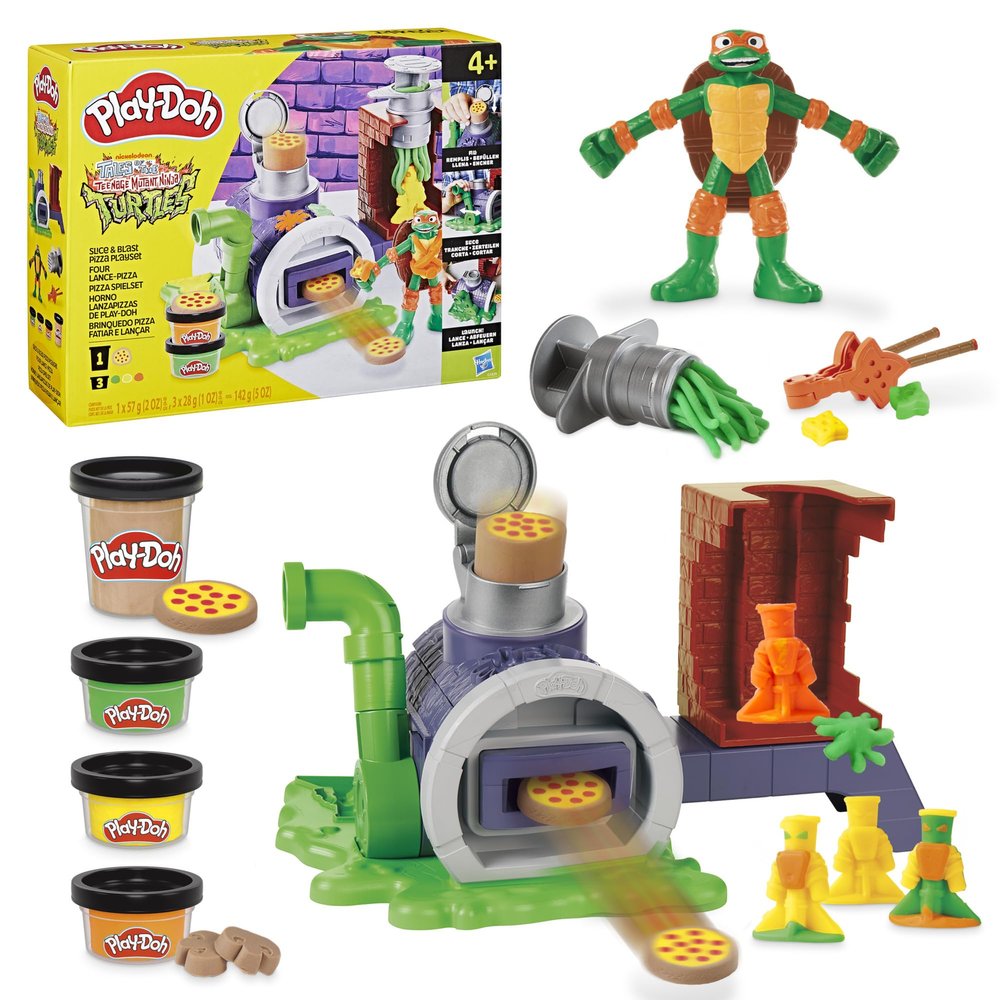 Play-Doh Teenage Mutant Ninja Turtles Slice & Blast Pizza Playset, Bendy 4 Inch Mikey Action Figure, Kids Arts & Crafts, TMNT Toys for Boys & Girls 4+