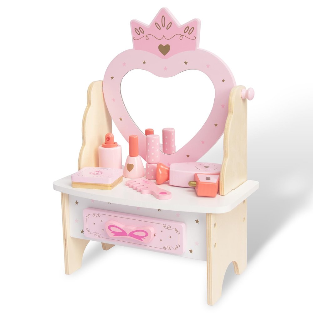 Wooden Vanity Set for Kids, Pretend Play Toddler Makeup Vanity Table Toys with 360 Rotatable Mirror, Beauty Salon Set Includes Makeup Accessories, Little Girls Gift Age 3+ (Pink)