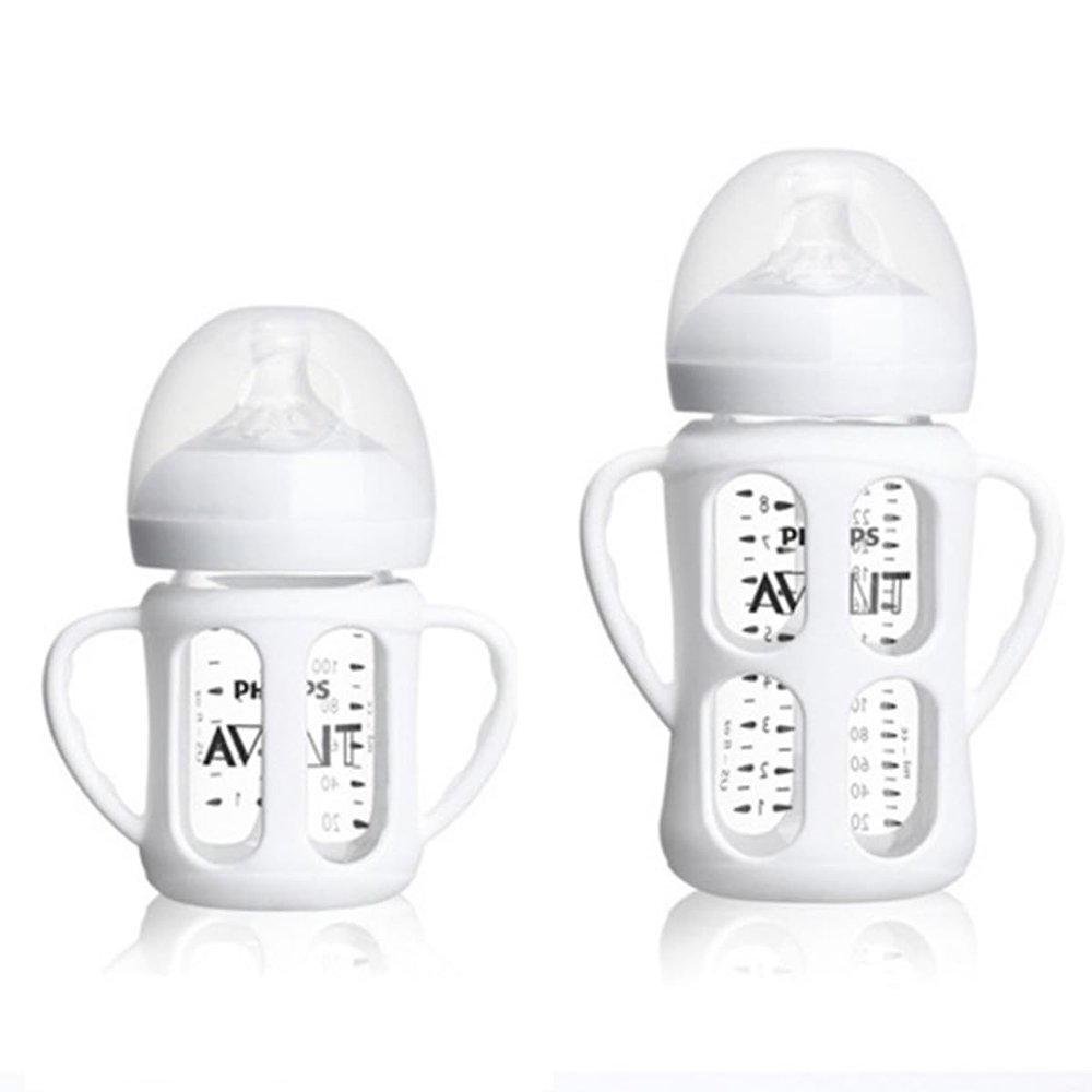 2 Pack Silicone Sleeves for Philips Avent Glass Natural Baby Bottles 4oz and 8oz, Anti Breakage Baby Bottle Holder with Handle, Feeding Bottle Handle (White)