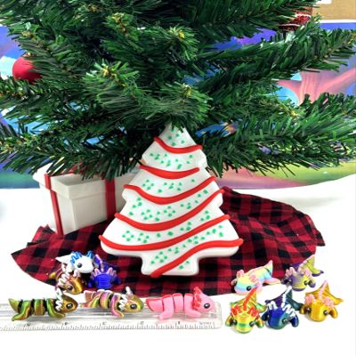12pcs 3D Printed Articulated Mini Axolotl with Christmas Tree Container, Fidget Mini Axolotl Fidget Toy, Executive Desk Toy, Fidget ADHD Toy MASET123-CT
