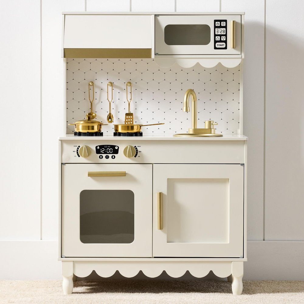 Best Choice Products Wooden Pretend Play Cottage Kitchen Kids Toy w/Storage, Scalloped Edge, 5 Accessories, Microwave, Oven, Clicking Knobs - Cream
