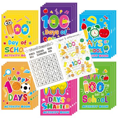 100th Day of School Activity Books for Kids - 24Pcs Happy 100 Days Mini Games Coloring Book Set Bulk Mazes Word Search Word Scramble Games for School Classroom Reward DIY Art Gifts Party Favors