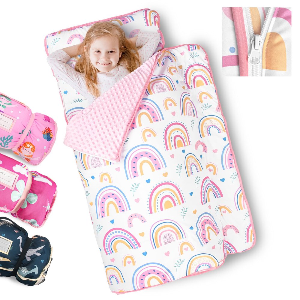 Primlect Toddler Nap Mat Extra Large Thickened 55''x35'', Soft Sleeping Bag with Detachable Minky Blanket and Pillow, Portable for Daycare, Preschool, Kindergarten, Travel, Boys and Girl (Rainbow)