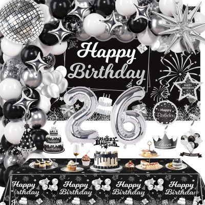 Miidenks 26th Birthday Decorations Set for Man Women,Black Silver Happy 26 Birthday Party Supplies with Birthday Backdrop Banner Birthday Tablecloth 26 Number Balloons for Her Him