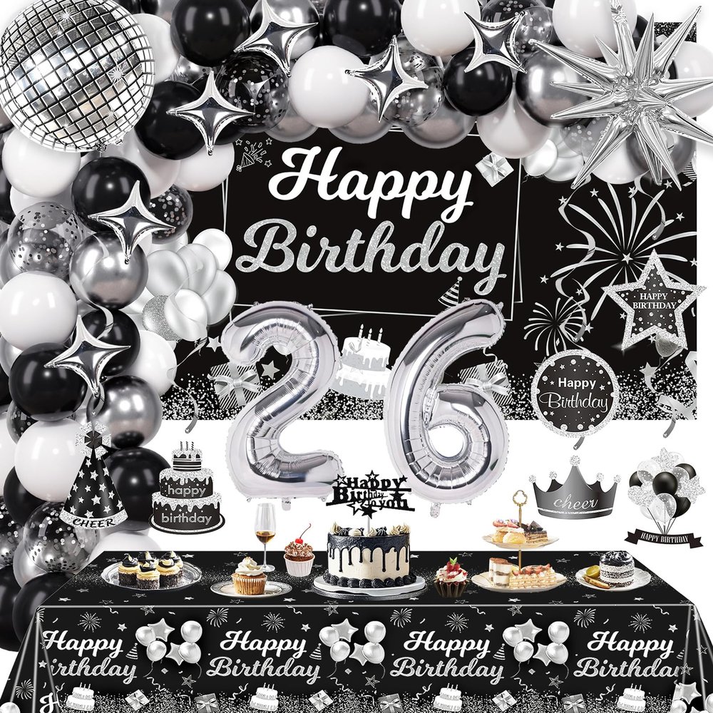 Miidenks 26th Birthday Decorations Set for Man Women,Black Silver Happy 26 Birthday Party Supplies with Birthday Backdrop Banner Birthday Tablecloth 26 Number Balloons for Her Him