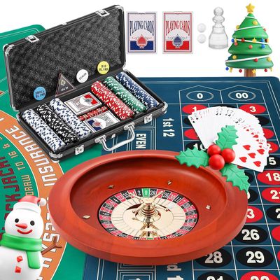 Proshine Super 11 Roulette Wheel set & Blackjack Set with 300pcs Poker Chips + 47.2*23.6 Double-sided Roulette Tabletop + 2 Decks of Playing Cards + 6 Dice + 4 Casino Buttons + Roulette Win Marker