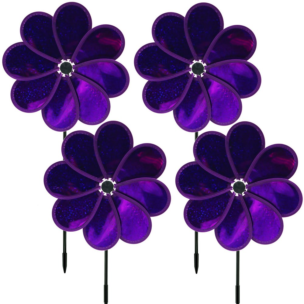 4PCS Flower Wind Spinner Sparkly Lawn Pinwheel 11.8 inch Garden Windmill for Garden, Party, Mardi GrasChristmas Outdoor, Yard Decor