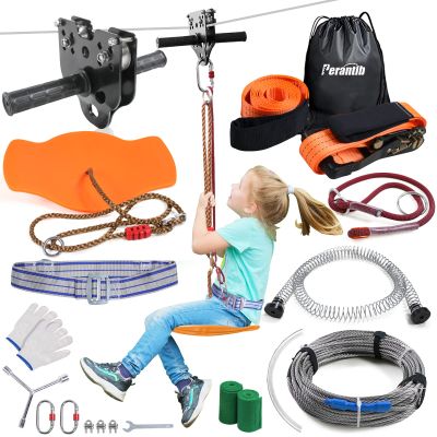 Perantlb Zipline for Backyard Kids and Adults,Zipline Kits for Backyard with 100ft Cable,6ft Zipline Spring Brake and Belt,Zip line Trolley with Handle,seat and Bag
