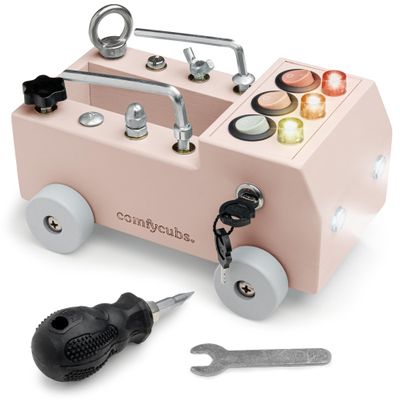 Comfy Cubs Busy Board Toy Truck Set - Fun & Noise-Free, Pine Wood Activity Board for Toddlers with LED Light Switch - Designed in The US, Focused & Engaging Montessori Play for Kids 3+ (Blush)