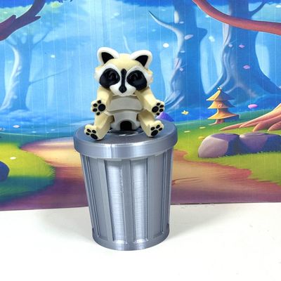 3D Printed Racoon, Articulated Cream and Black Racoon with Trash Can,Trashcan Raccoon, Tiny Animal Raccoon Toy, Trash Panda, Fidget ADHD Autism Toy AR005 (Medium - 4.3 INCHES)