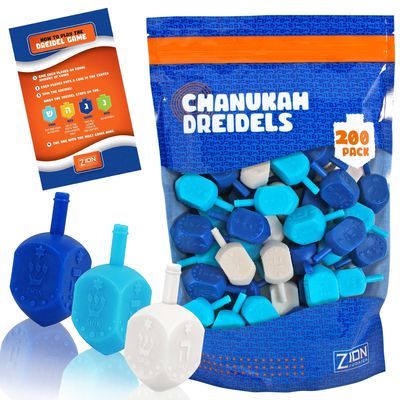 Zion Judaica Bulk Pack Hanukkah Dreidels 200 Count Multi Blue White Medium Dridels Plastic Drydlech Hebrew & English Transliteration Traditional Chanukah Game Guide Ziplock Bag Hanukah Toys