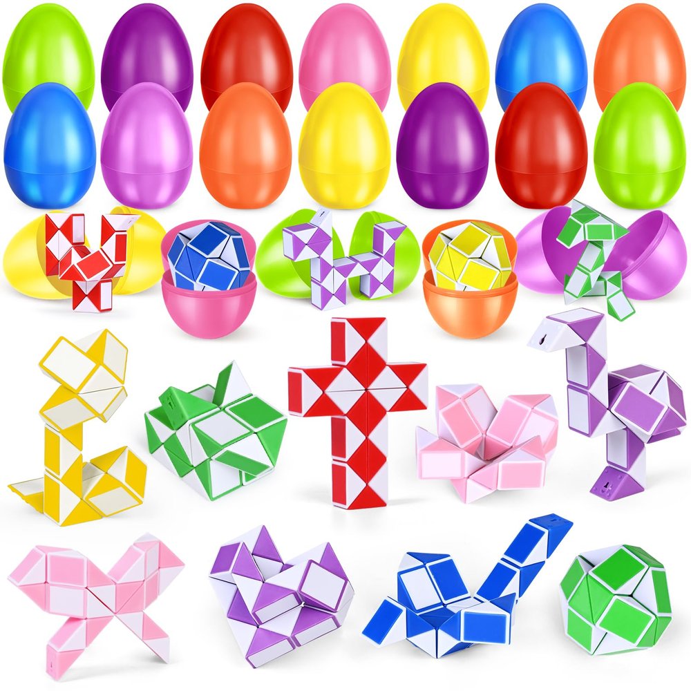 24 Pack Prefilled Easter Eggs with Snake Twist Toys, Blocks Fidget Toys Easter Gifts for Easter Hunt, Basket Stuffers Filler, Easter Party Favors, Classroom Prize, Surprise Egg