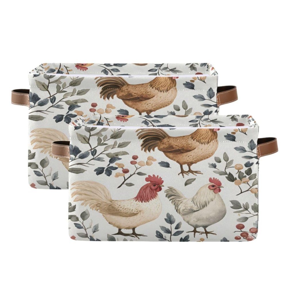 STAYTOP Watercolor Roosters Large Storage Basket Collapsible Storage Bins Waterproof Laundry Basket with Handle,Used for Home Closets, Offices, Bedrooms 2PCS