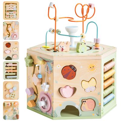 ROBUD Wooden Activity Cube, Montessori Toys for 1+ Year Old, Educational Toy with 13 Functional Areas, Fountain Garden Theme for Baby Boys & Girls
