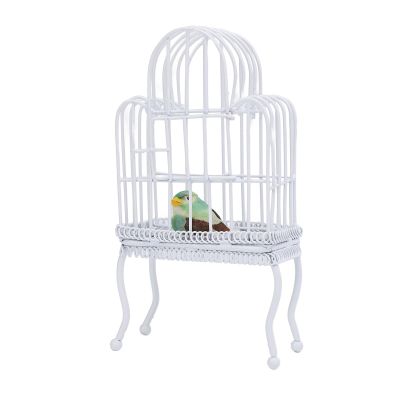 1:12 Scale Dollhouse Bird Cage Metal Realistic Opening Door Miniature Dollhouse Bird Cage with Fake Grass Bird Sticker (White)