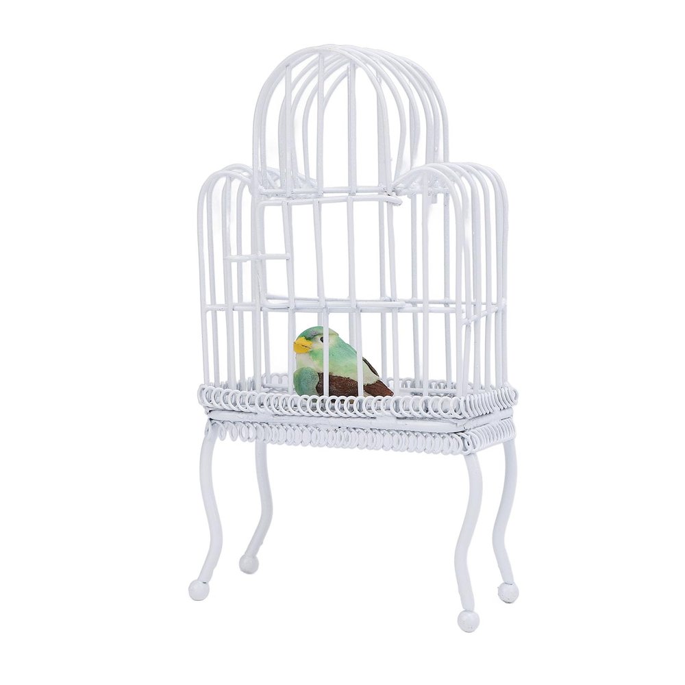 1:12 Scale Dollhouse Bird Cage Metal Realistic Opening Door Miniature Dollhouse Bird Cage with Fake Grass Bird Sticker (White)