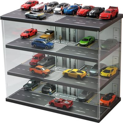 1:64 Scale Diecast Model Car Display Case with USB Light Cabinet Suitable for Hot Wheels, Nascar Toy Matchbox Car Dust Storage Rack (Elevator Garage Scene)