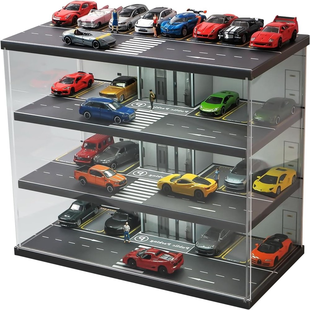 1:64 Scale Diecast Model Car Display Case with USB Light Cabinet Suitable for Hot Wheels, Nascar Toy Matchbox Car Dust Storage Rack (Elevator Garage Scene)